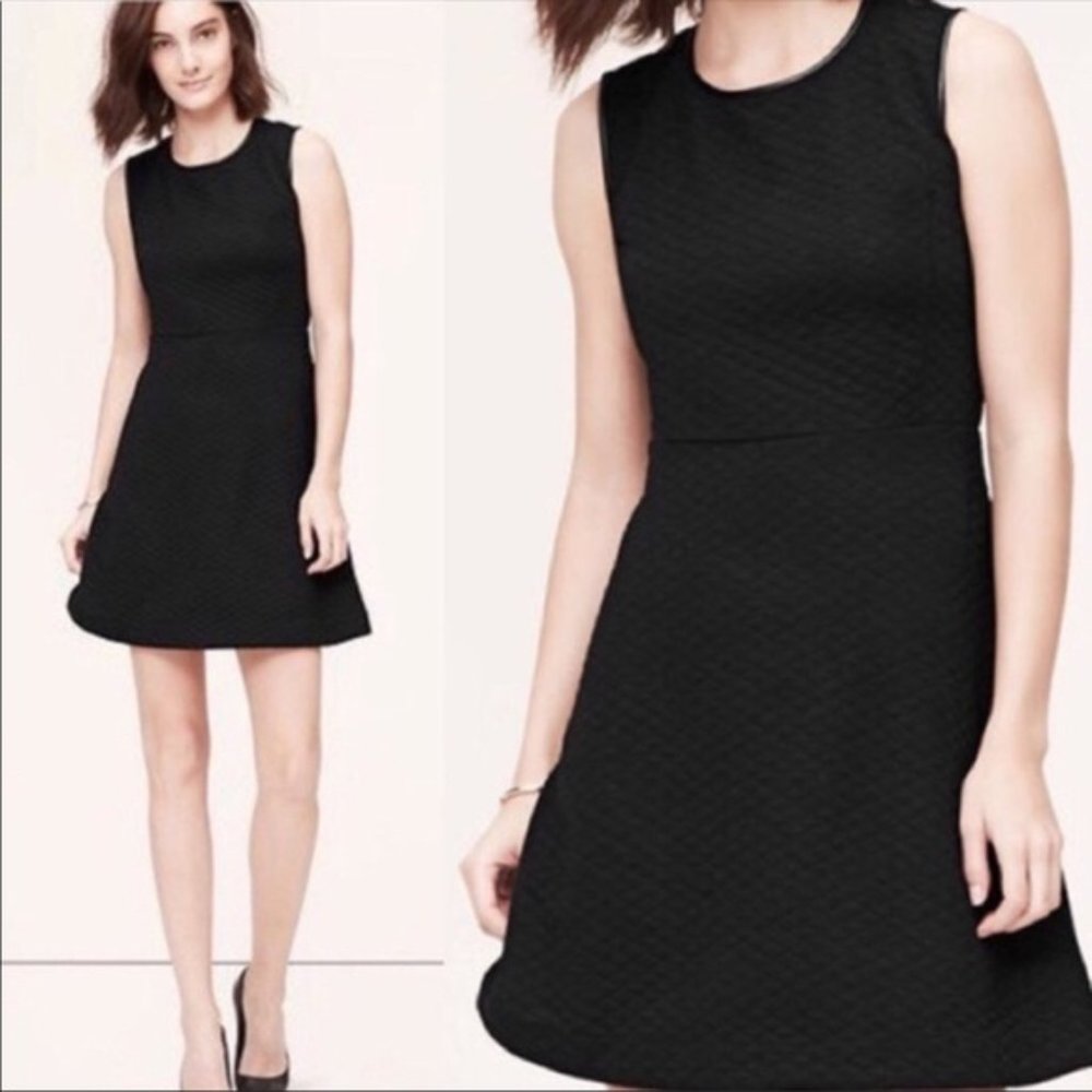 Loft Petite Quilted Faux Leather Trim Black Mini Dress - Picture 2 of 10